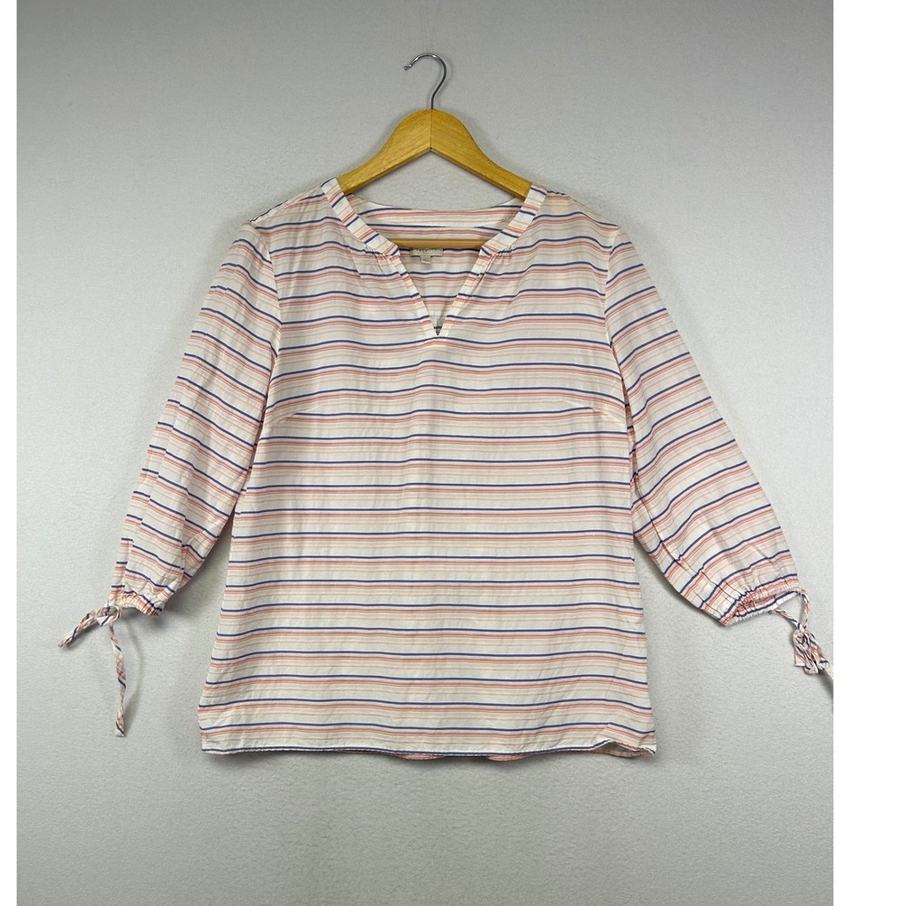 Coastal Preppy Talbots Womens‎ Medium White Striped Tie Cuff Split V-Neck Blouse